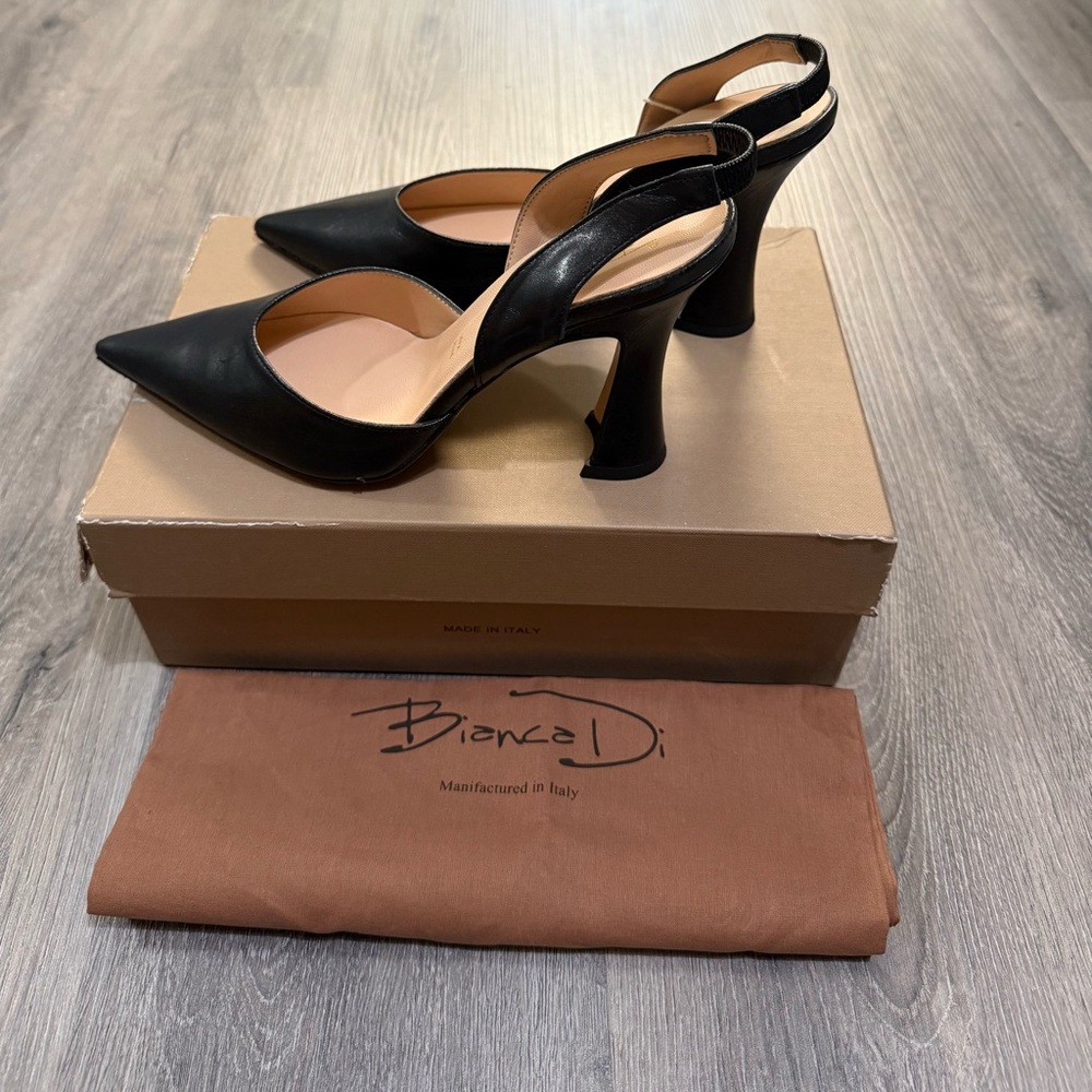 Black Leather Bianca Di Slingback High Heel Pumps Size 39 MADE IN ITALY BNIB - Picture 5 of 7